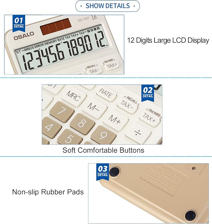Pendancy 12 Digit Office Calculator Desktop with Tax+/- for Advanced Tax Calculation, Large LCD Display Big Buttons, Dual Power Durable Portable Design, for Financial Accounting Business Use