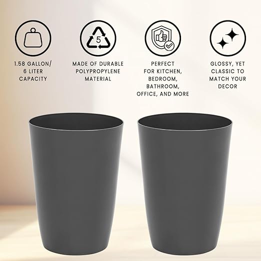 HOLDN’ STORAGE Small Trash Can - Set of 2 Open Top Waste Bin of 1.58 Gallon, Compact Waste Can Perfect for Bathroom, Kitchen, Office, Dorm - Durable Garbage Can - Gray