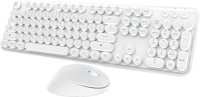 Wireless Keyboard Mouse Combo, 104 Keys Cute White Keyboard with Number Pad & Mouse for Windows, Computer, PC, Notebook, Laptop (White)