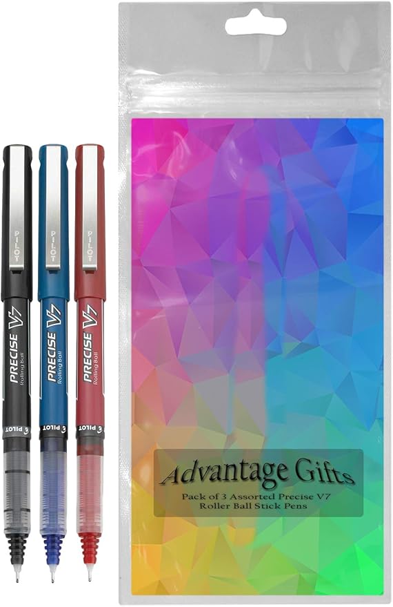 Precise V7 Stick Rolling Ball Pens, Fine Point (.7mm), Assorted Colors Black/Blue/Red Ink, 3-pk; Bundle with Plastic Reusable Pouch