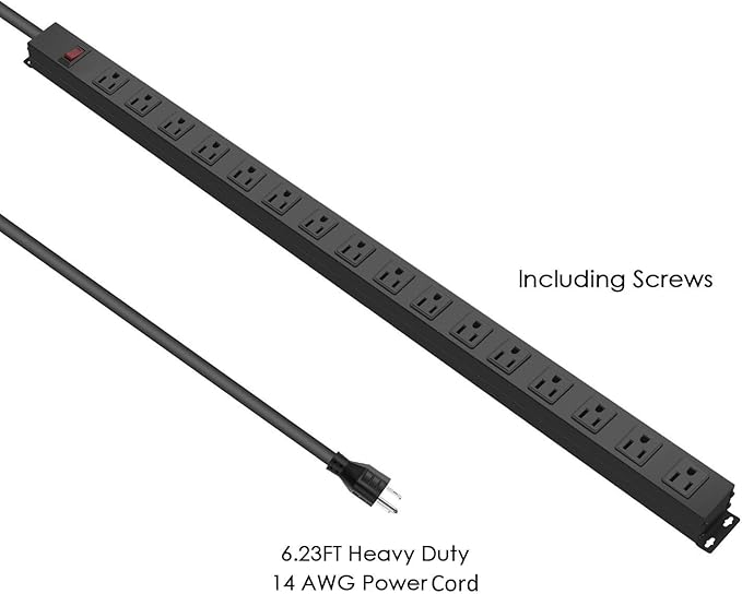 Metal Wall Mount Power Strip, Mountable Power Outlet, Aluminum Alloy Mount Power Socket with Switch, 6 FT SJT 3/C 14AWG Power Cord, 15A 125V 1875W (16 Outlet)