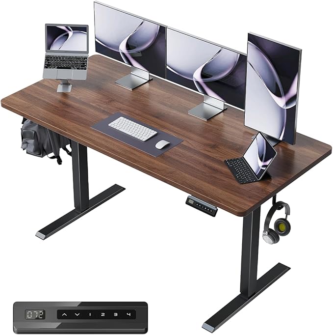 FEZIBO One-Piece Standing Desk Adjustable Height Stand up Home Office Desk, 55x24 Inch Electric Standing Computer Desk, with 4 Memory Presets, Fixable casters, Black Walnut