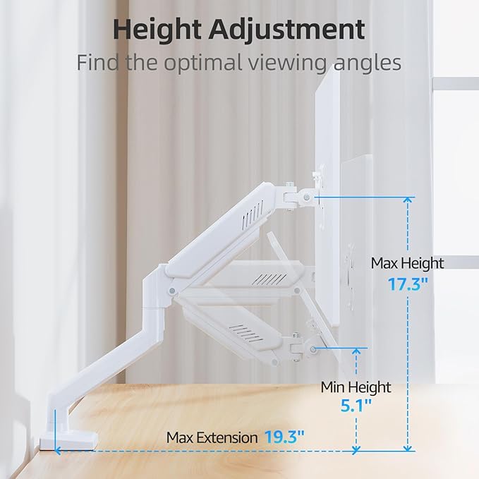 Monitor Arm for 13-32 inch Screens, Monitor Desk Mount, Adjustable Height, VESA Mount with Clamp & Grommet Bases, Freelift White