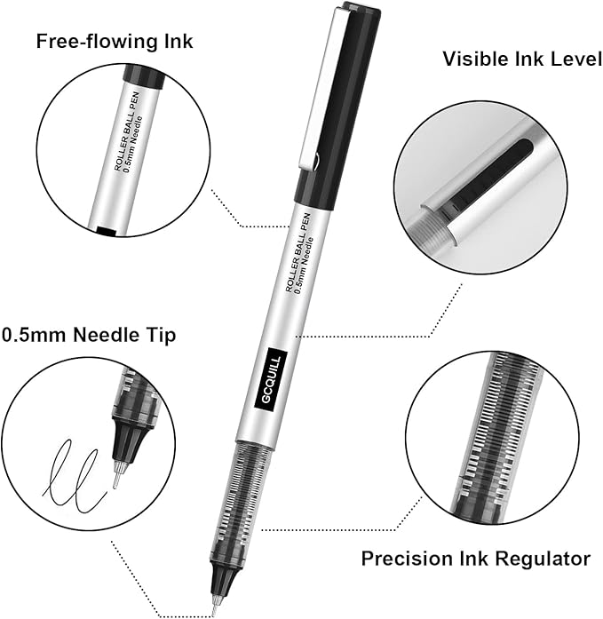 GC QUILL 48 Rollerball Pens 0.5mm Needle Point Black Liquid Ink Pens 24 and Blue Liquid Ink Pens 24 for Bullet Journaling, Office Supplies for Writing, Taking Notes & Sketching BKL48