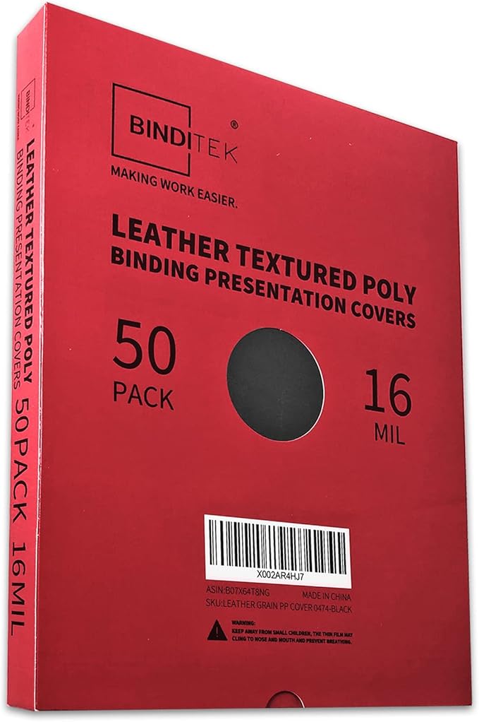 Binditek 50 Pack 16 Mil Leather-Textured Heavyduty Polycovers, Plastic Binding Presentation Covers, Letter Size, 8-1/2 x 11, Unpunched, Square Corners, Black