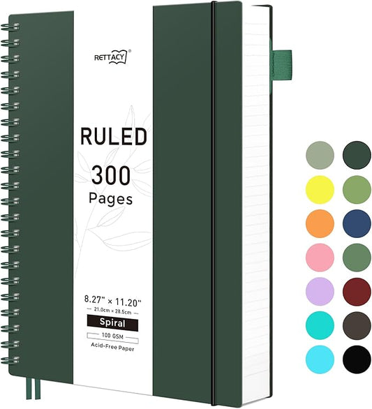 RETTACY Spiral College Ruled Notebook, 300 Pages, A4 Large Size (8.2" x 11.2"), for School, Work, Writing, Journaling, 100 GSM Thick Paper, Flexible Plastic Cover (Deep Green)