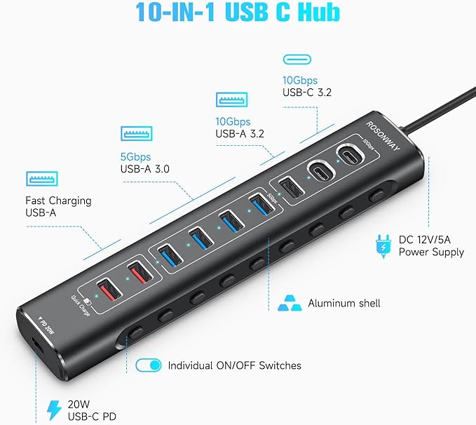 Rosonway 10-Port Powered USB 3.2/USB C Hub 60W with 3x10Gbps USB-3.2 Ports (2C + 1A), 4 USB 3.0 Data Ports, 1 USB-C PD and 2 USB-A Fast Charging Ports, Aluminum USB Splitter for Laptop/PC, RSH-A10QPD