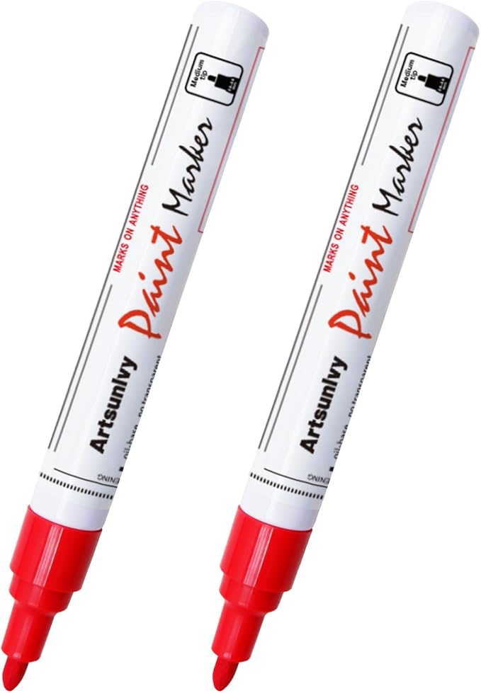 Red Permanent Paint Markers - 2 Pack Oil-Based Medium Tip,Waterproof Quick Dry Paint Pens for Metal,Rock,Wood,Fabric,Plastic,Canvas,Glass, Mug