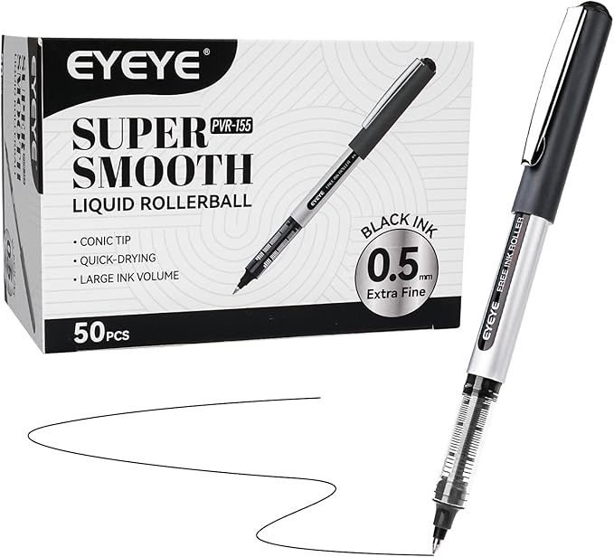 EYEYE Rollerball Pens 0.5mm Black 50 Pack, Extra Fine Point Quick Dry Liquid Ink Roller Ball Pens Fine Point Smooth Writing Pen for Journaling, Note Taking, Office, School Supplies