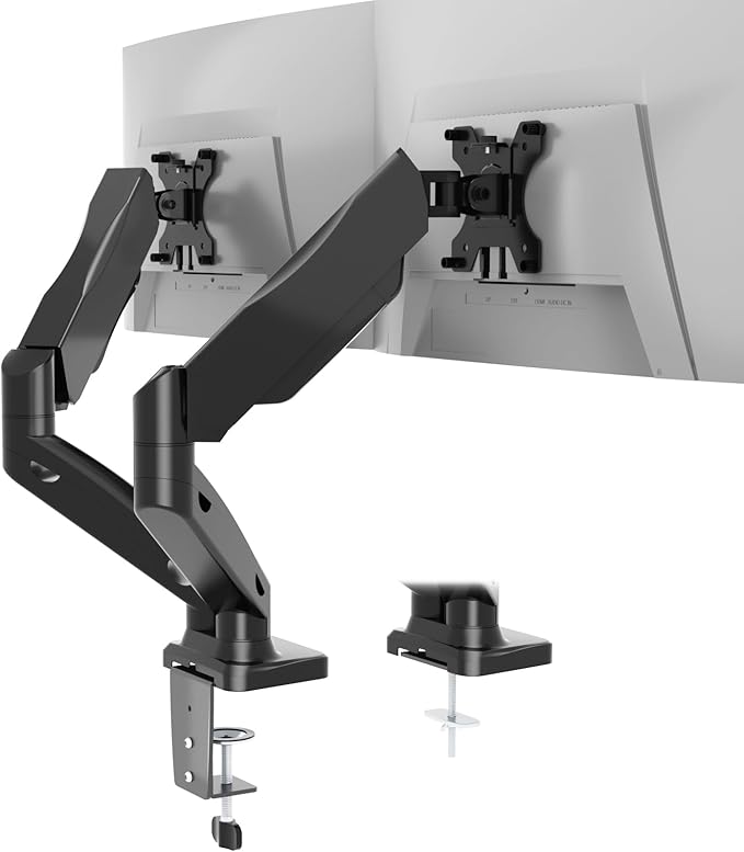 WALI Dual Monitor Mount, Monitor Arms for 2 Monitors Fully Adjustable Gas Spring Desk Mount Swivel Mounting Holes Bracket with C Clamp, Grommet Base for Display Up to 32 Inch 19.8lbs (GSMP002), Black