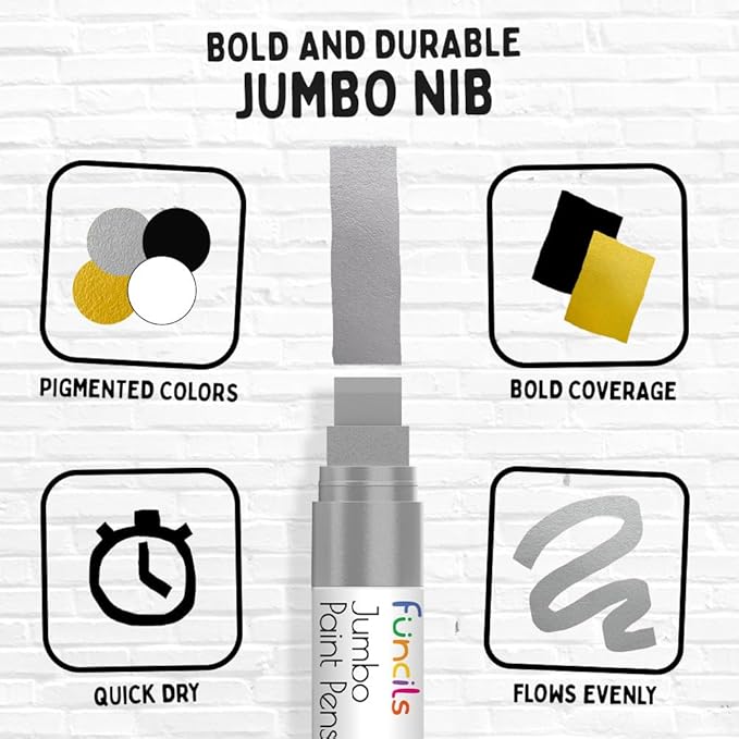 4 Jumbo Poster Markers (15mm, White, Black, Gold & Silver) | Fat Acrylic Paint Markers for Wood, Glass, Metal, Walls, Fabric - Large Thick Permanent Paint Pens for Signs, Board, Teachers