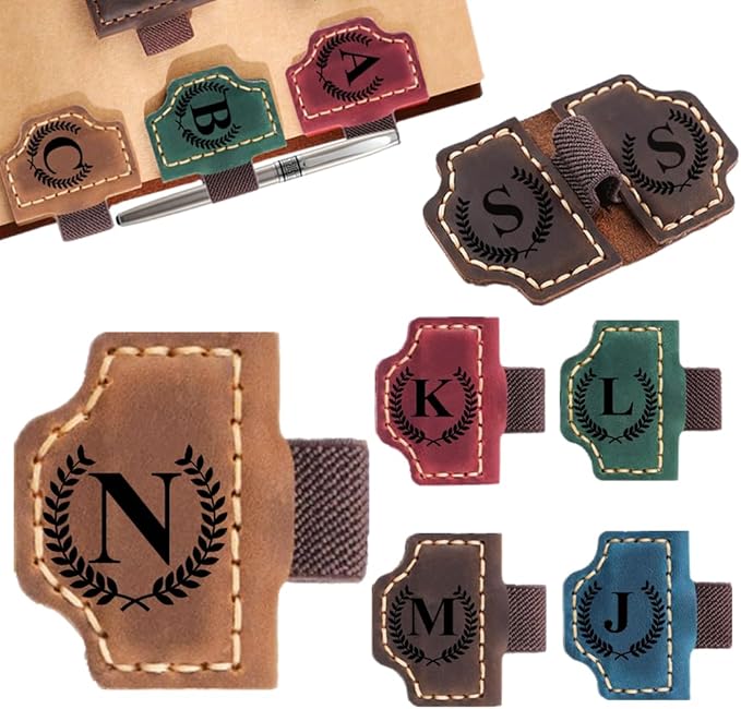 Custom Bookmark with Pen Holder with 26 Letters Personalized Magnetic Leather Book Mark, Customized Name Book Marker Clip with Initial for Men Women, Gifts for Book Lovers, Readers, (Brown, N)