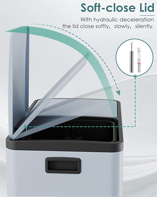 Arlopu 16 GallonStainless Steel Trash Can, 60L Dual Compartment, Metal Kitchen Step Recycle Bin, Metal Double Dustbin, in-Home Garbage Rubbish Can W/Removable Liner Buckets (Haze Blue)