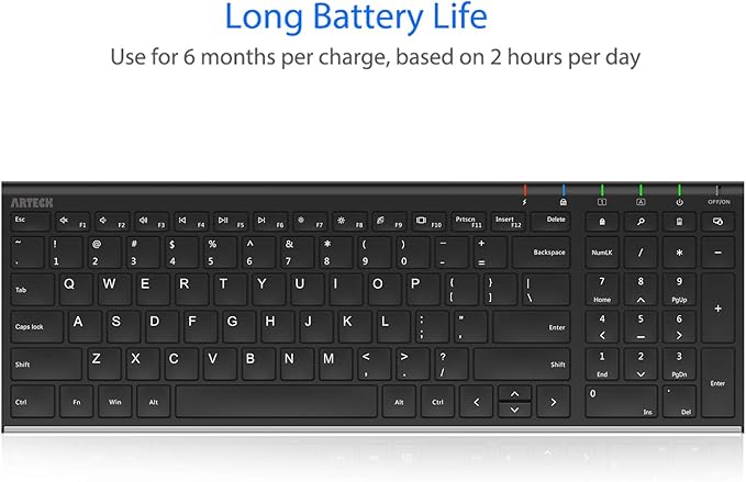 Arteck USB Wireless Keyboard Stainless Steel Ultra Slim Keyboard with Numeric Keypad for Computer/PC/Laptop and Windows 11/10/8 Rechargeable Battery