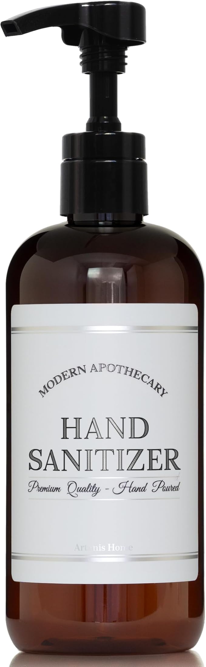 Refillable Amber PET Plastic 16 oz Empty Hand Sanitizer Bottle with High Output Black Plastic Pump Dispenser - Chrome Accent Waterproof Labeled Bottle