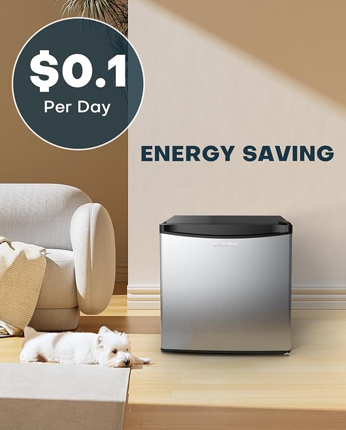 Upstreman 1.7 Cu.ft Mini Fridge with Freezer, Dorm Essentials, Adjustable Thermostat, Energy Saving, Low Noise, Single Door Compact Refrigerator for Dorm, Office, Bedroom, Stainless- FR17