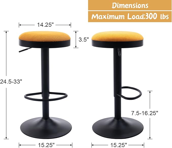 Round Swivel Counter Height Bar Stools Set of 3 Modern Adjustable Barstools Backless Corduroy Bar Chairs Industrial Island Chairs with Metal Base/Footrest for Kitchen Island/Pub/Bar, Yellow