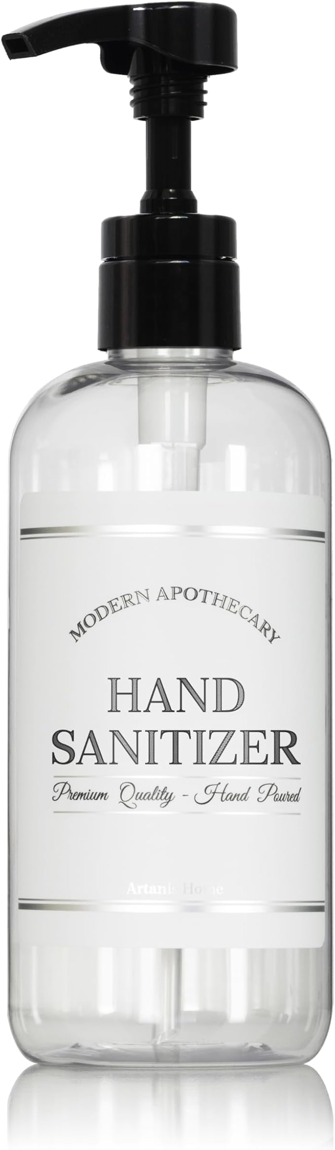 Artanis HomeRefillable Clear PET Plastic 16 oz Hand Sanitizer Bottle with High Output Black Plastic Pump Dispenser - Chrome Accent Waterproof Labeled Bottle