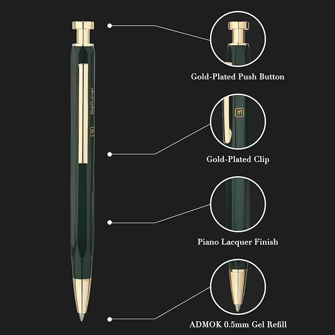 BEILUNER 312 Metal Gel Pen 0.5mm, Hexagonal Design, Green Piano Lacquer with 24K Gold Plated Accents, Includes One Refill, Professional Gel Pen Gift Box Set