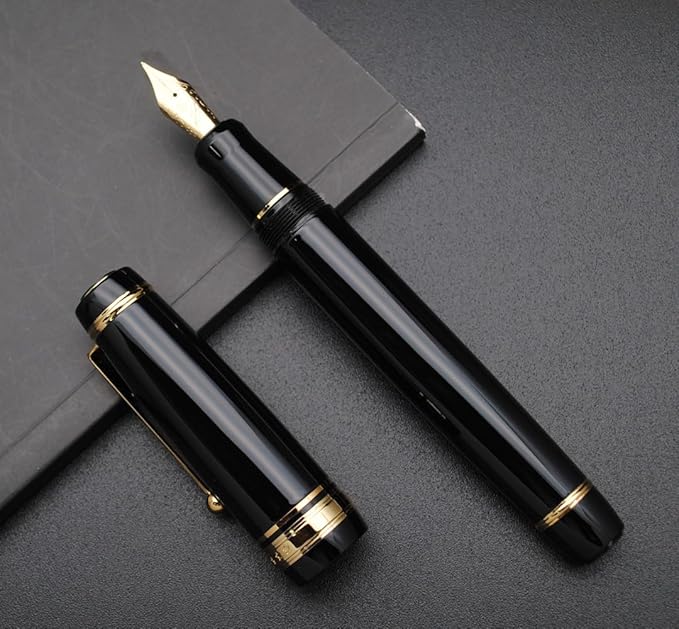 Metal Big Fountain Pen, Medium Nib 0.7mm, Includes Ink Converter & 5 Cartridges, Glossy Piano Painted Finish (Black)