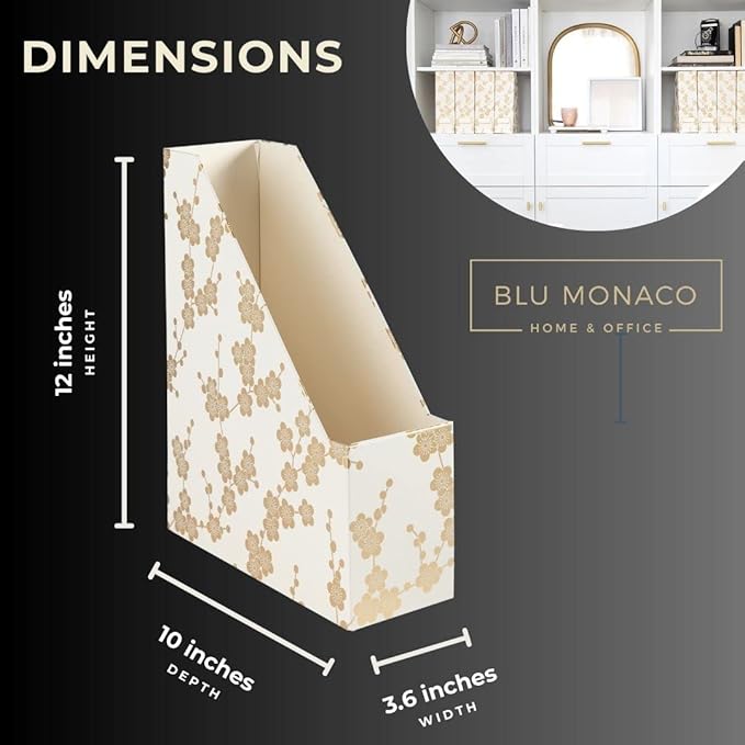 BLU MONACO Decorative Foldable Magazine Storage Boxes for Desk – Set of 4 with Gold Floral Pattern & Gold Label Holder – Ideal for Book Organization & Vertical File Storage