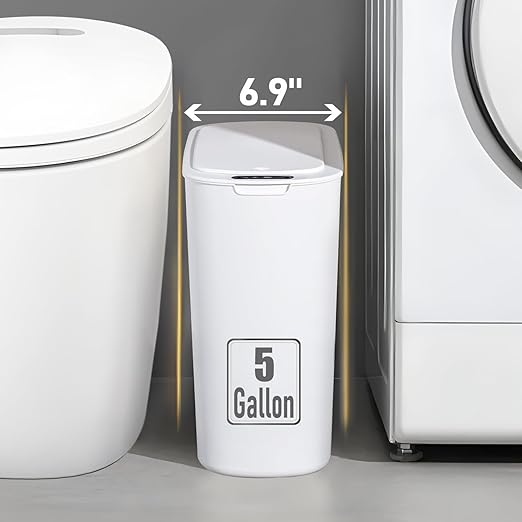 5 Gallon Motion Senor Bathroom Trash Can with Lid, Automatic Garbage Can Touchless, Smart Plastic Waste Basket for Narrow Spaces, Bathroom, Office, Bedroom, Living Room (White)