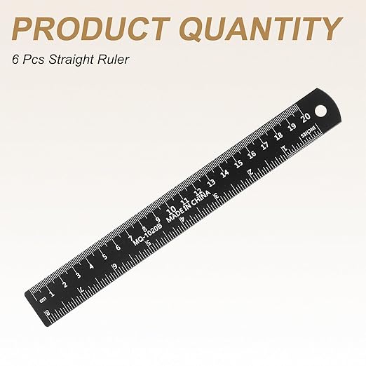 HARFINGTON 6pcs Metal Straight Ruler 20cm Metric SAE Aluminum Alloy Measuring Rulers Scale Tool with Hole for Measure Study Reading Classroom Office, Black