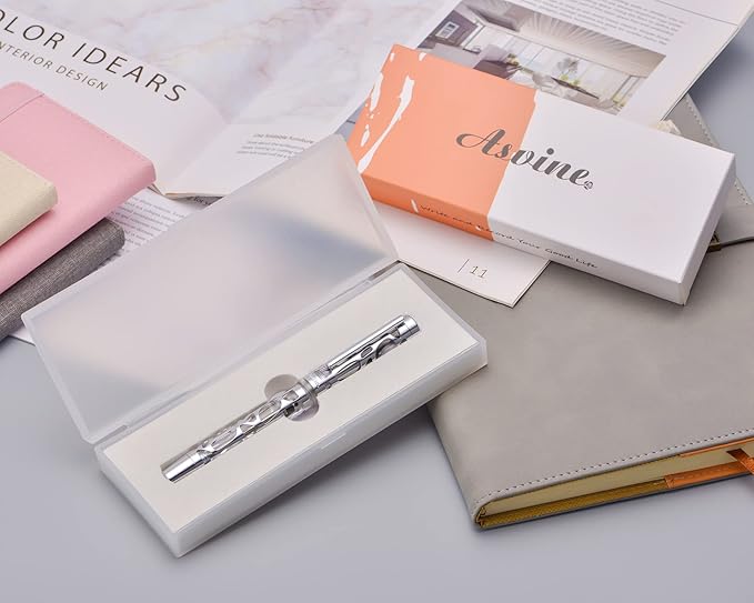 Asvine V169 Vacuum Filling Fountain Pen Fine Nib, Water Drop Skeleton Transparent Acrylic Pen Case Set