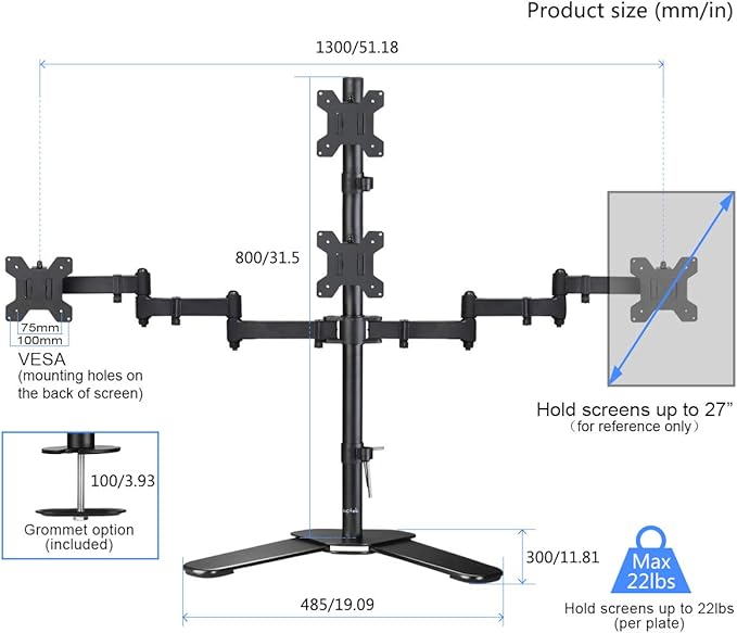 Suptek Quad LED LCD Monitor Stand up Free-Standing Desk Stand Extra Tall 31.5" Pole Heavy Duty Fully Adjustable Mount for 4 (3+1) / Four Screens up to 27 inch (ML6864)