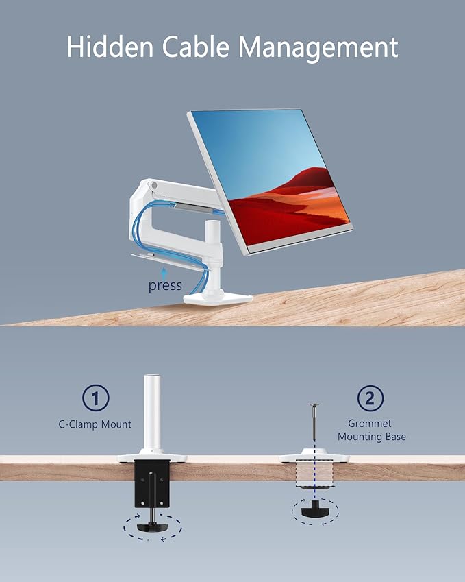 Single Monitor Arm Desk Mount, Holds Screens up to 40 Inches and 25 lbs, Fully Adjustable Vesa Monitor Mount with C-Clamp and Grommet Base, Aluminum, White