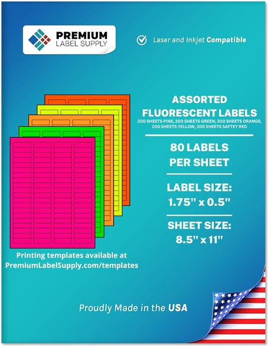 Premium Label Supply Bright Neon Color Fluorescent Sticker Labels - 1.75" x 0.5" Return Address Labels - (Assorted Fluorescent, 80,000 Labels)