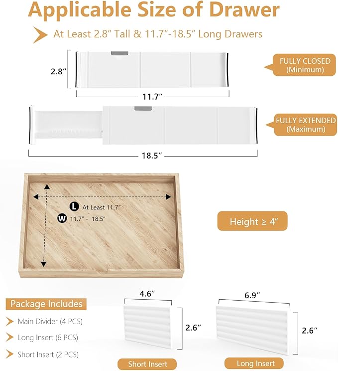 KABUM Upgrade Adjustable Drawer Divider Organizer Clothes Dresser Organizer,Expandable Organization for Home, Office,2.8" High Expandable from 11.7" to 18.5",4 Dividers with 6 Long and 2 Short Inserts
