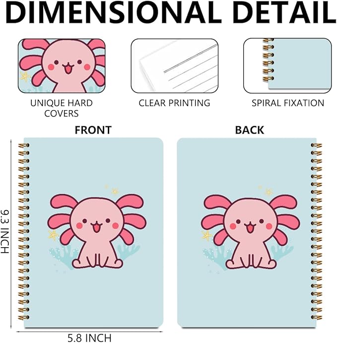 2 Pcs Axolotl Spiral Notebooks for Work, A5(8.3x5.8inch) Composition Notebook College Ruled Note Book, Cute Animal Hardcover Notepads Diary Lined Travel Journal for Writing, Axolotl Gifts for Women