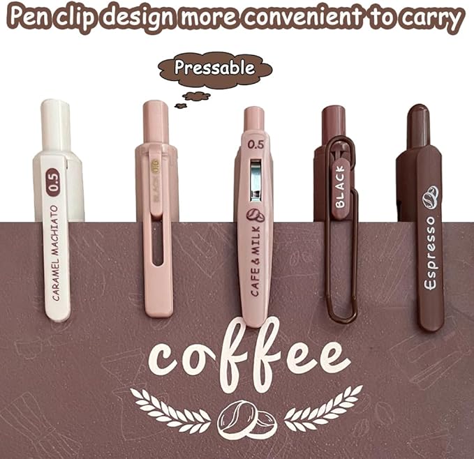 Cute Gel Pens 5Pcs Retractable Quick Dry Ink Pens 0.5mm Fine Point Black Ink Kawaii Smooth Writing Pens for School Office Supplies Aesthetic pretty pens (Coffee)
