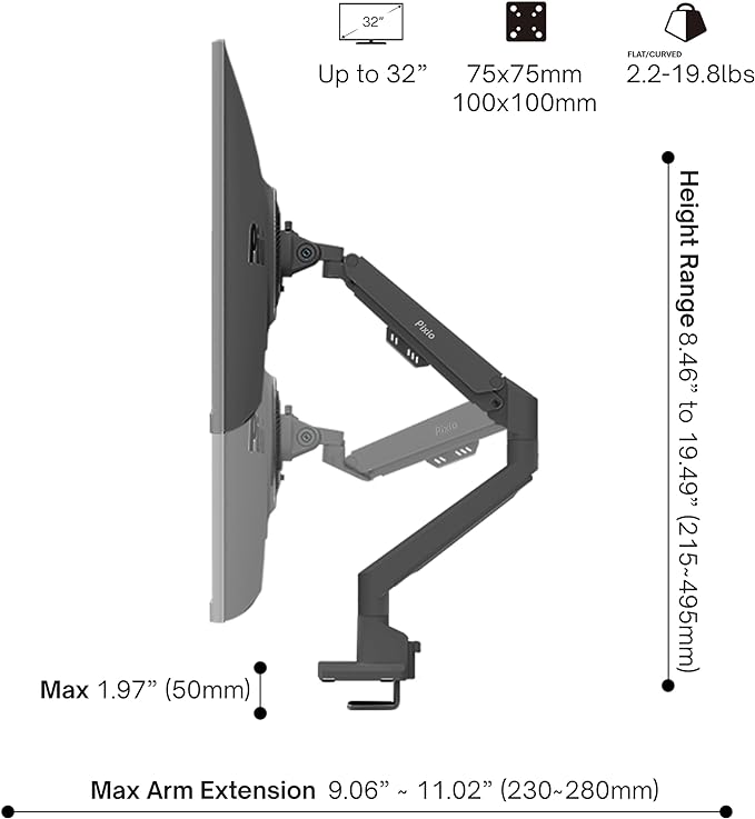 Pixio PS1S Wave Black Single Monitor Arm Stand Desk Mount - Fits up to 32 inches Monitors and up to 19.8lbs. VESA Compatibility and Integrated Cable Management