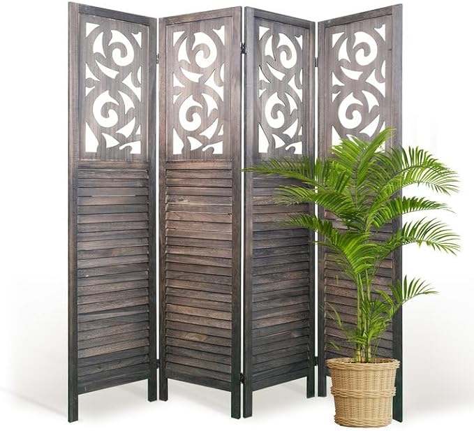 Room Divider, 5.6FT Folding Room Divider Panel, 4 Panel Craved Wood Partition Wall Divider for Room Separation, Rustic Brown