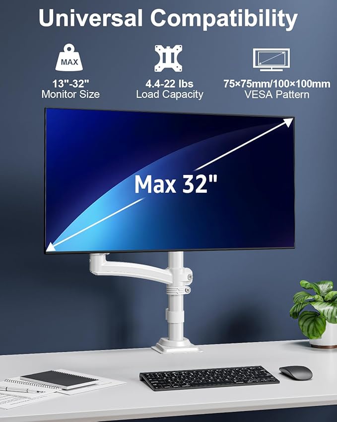 Single Monitor Mount Holds Max 22lbs, 13-32 inch Monitor Desk Mount, Height Adjustable Tall Monitors Arm, Monitors Stand with Tilt Swivel Rotation, VESA 75 100mm, White, Freelift