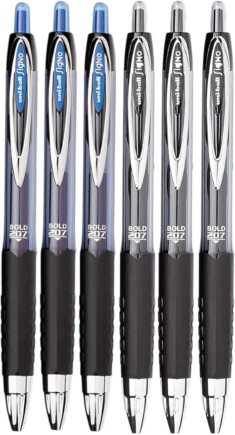Signo 207 Roller Ball Retractable Gel Pens, Bold Point (1.0mm), Black And Blue Ink, 6 Count, Bundle with Plastic Reusable Pouch