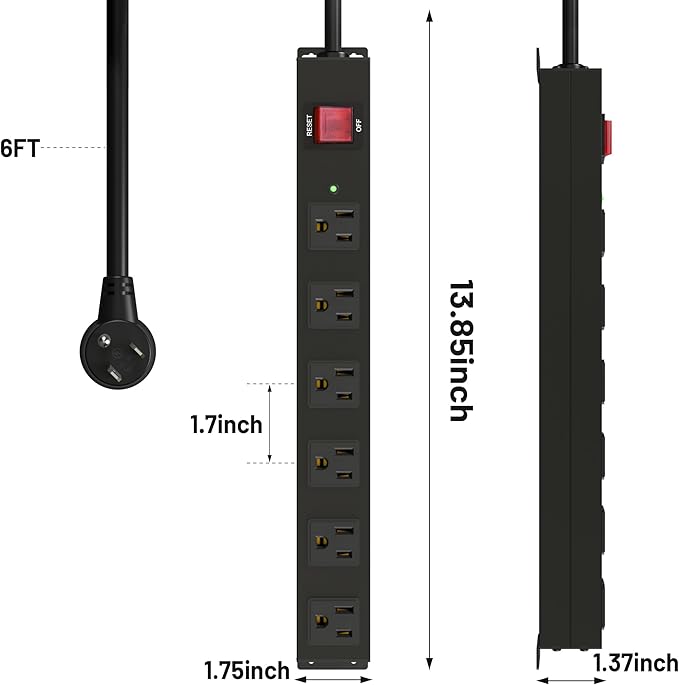 KF Matel 6 Outlet Power Strip Surge Protection 2100J, Heavy Duty Wide Space Power Strip with Flat Plug, 14AWG 6FT Extension Cord for Home, Garage, Shop