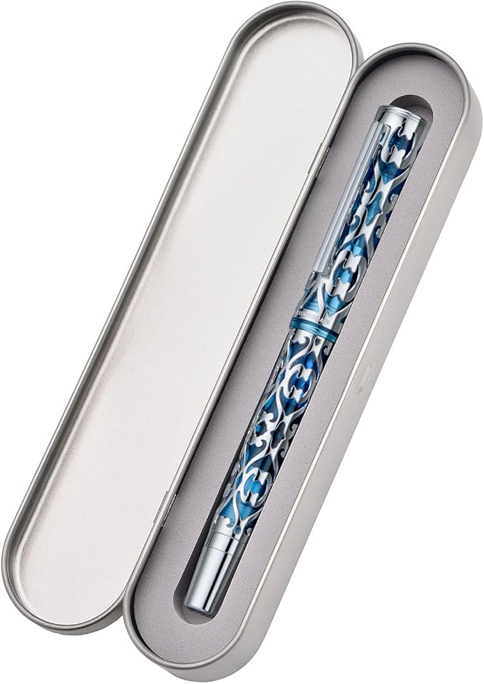 Hongdian D1 Piston Fountain Pen Extra Fine Soft Nib, Silver Blue Hollow Skeleton & Resin Pen with Metal Case Set