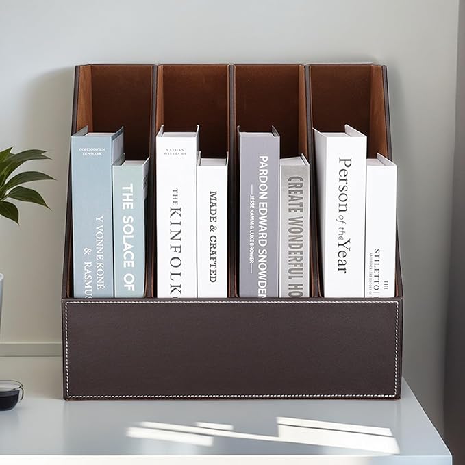 KINGFOM 4-Slot Wood Leather Document Files Holder Rack Stand Desk Files Organizer Papers Collection Cabinet (4 slot brown)