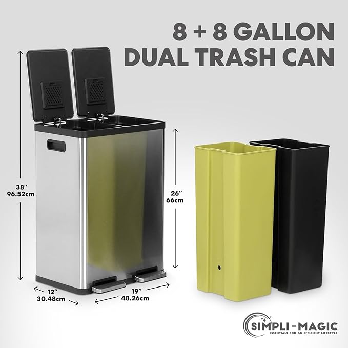 Simpli-Magic 16 Gallon (30L x 30L) Dual Compartment Step Trash Can – Kitchen Garbage Can with Slow-Close Lids – Waste & Recycling Bins, Odor Control, Hands-Free, Easy to Clean, Stainless Steel