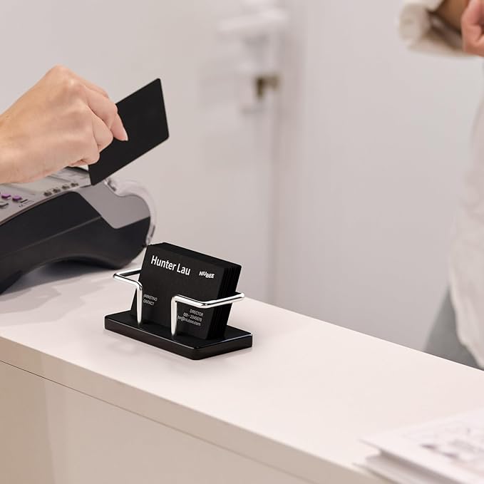 NIUBEE Acrylic Business Card Holder: Metal Business Card Display Stand for Desk - Frosted Name Card Organizer for Office, Reception, Desktop (Silver) - 2pack