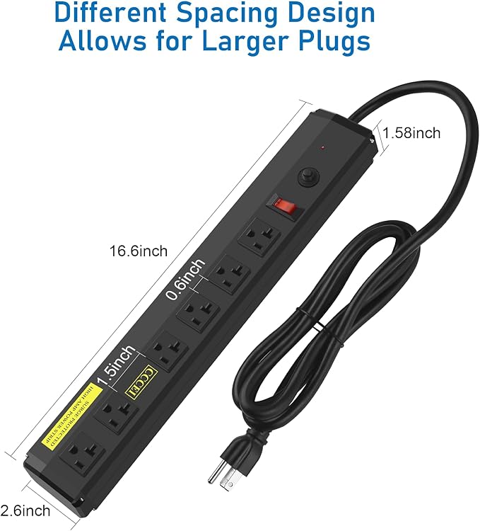 CCCEI Heavy Duty Power Strip Surge Protector 20 Amp, High Amp Industrial Shop Garage Metal Multiple Outlets, 6 FT 12 Gauge 5-15P Extension Cord 6 Outlet 6-20R T-Slot 20a for Appliance. Black.