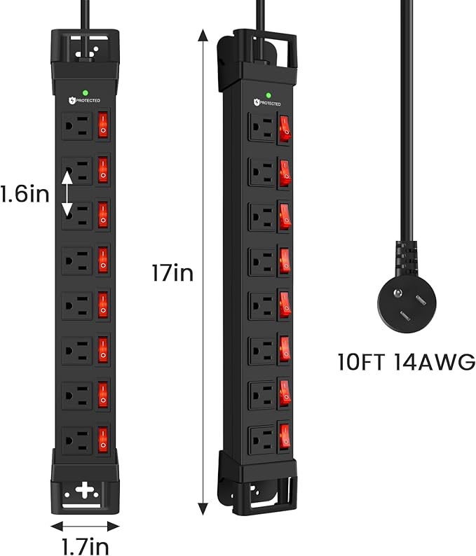 Heavy Duty Power Strip with Individual Switches,8 Outlets 14 Gauge Industrial Shop Garage Metal Multiple Outlets,1200J Surge Protector Mountable Power Strip,10FT Extension Cord Management(Black)