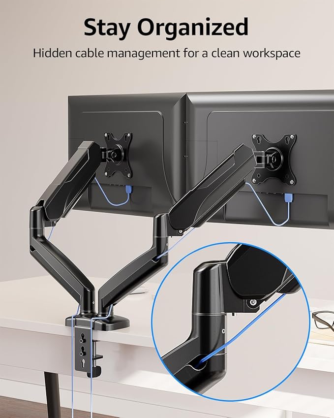 MOUNTUP Dual Monitor Stand for Desk, Pneumatic Monitor Arms for 2 Monitors Max 32 Inches, Height Adjustable Double Monitor Mount, VESA Mounts with C-Clamp & Grommet Base, Holds 4.4-17.6lbs, Black