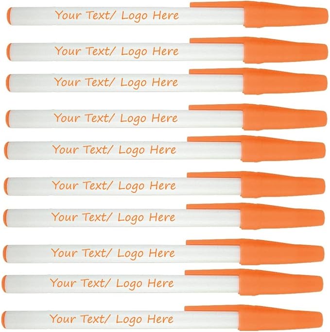 Personalized Stick Pens With your Custom Logo or Text-500 Pack Bulk-for Businesses, Parties, and Events, Custom Printed Slim Ballpoint Pens with Cap, Orange, Black Ink