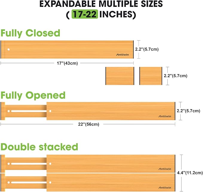 ANTOWIN Bamboo Drawer Dividers Organizers, Drawer Separators Splitter,17-22 inches Long Adjustable Spring-loaded Organizer for Large Utensil, Clothes, Tools Drawers(yellow)