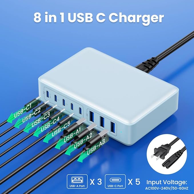 USB C Charger 300W USB C Charger Block 8-Ports GaN IV Fast Charging Station,PD 100W Laptop Charging Hub Wall Adapter Compatible with MacBook/Air,DELL,Steam Desk,iPhone 16/15/14,Galaxy S24 etc