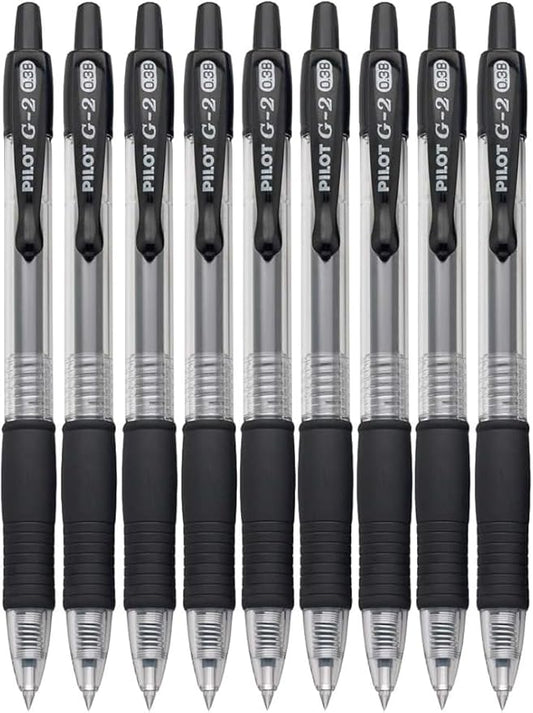 G2 Retractable Premium Gel Ink Roller Ball Pens Ultra Fine Point (.38mm) Black Ink 9 pack; Refillable & Premium Comfort Grip Bundle with Plastic Reusable Pouch